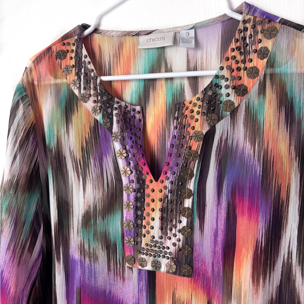 Chico’s Size 3 Multi Color Sheer Artsy Blouse 3/4 Sleeve Chico's Size XL - Picture 4 of 5